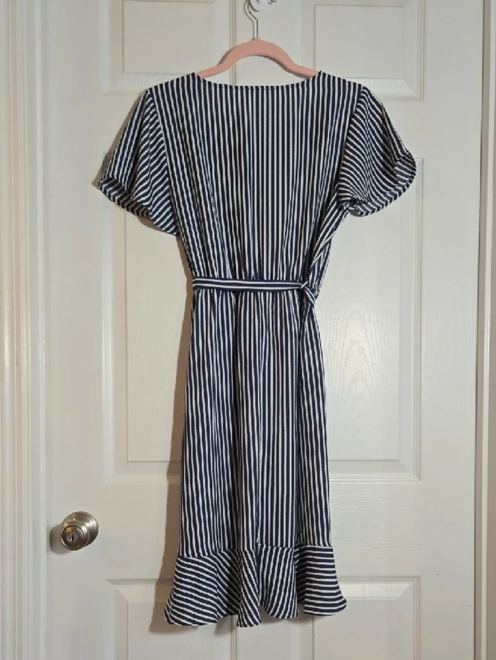 NAIF Navy & White Striped Midi Wrap Dress - Picture 6 of 6